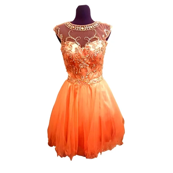 Peach Rhinestone Beaded Ruffled Cocktail Dress/ Prom/Formal Size 10 by May Queen - Picture 1 of 6